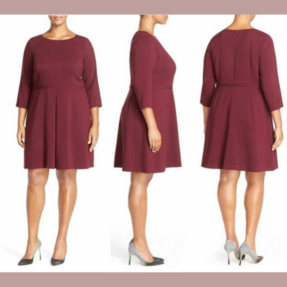NWT Eliza J [ PLUS SZ 20W ] Pleat Front Fit & Flare Dress in Oxblood Red‎
